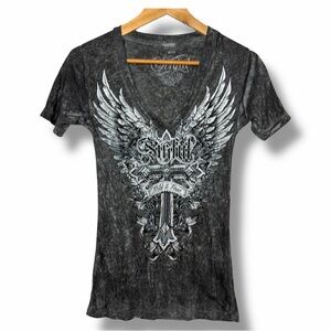 Sinful Affliction Rhinestone Graphic V-Neck Tee Cyber Grunge Gothic Top S